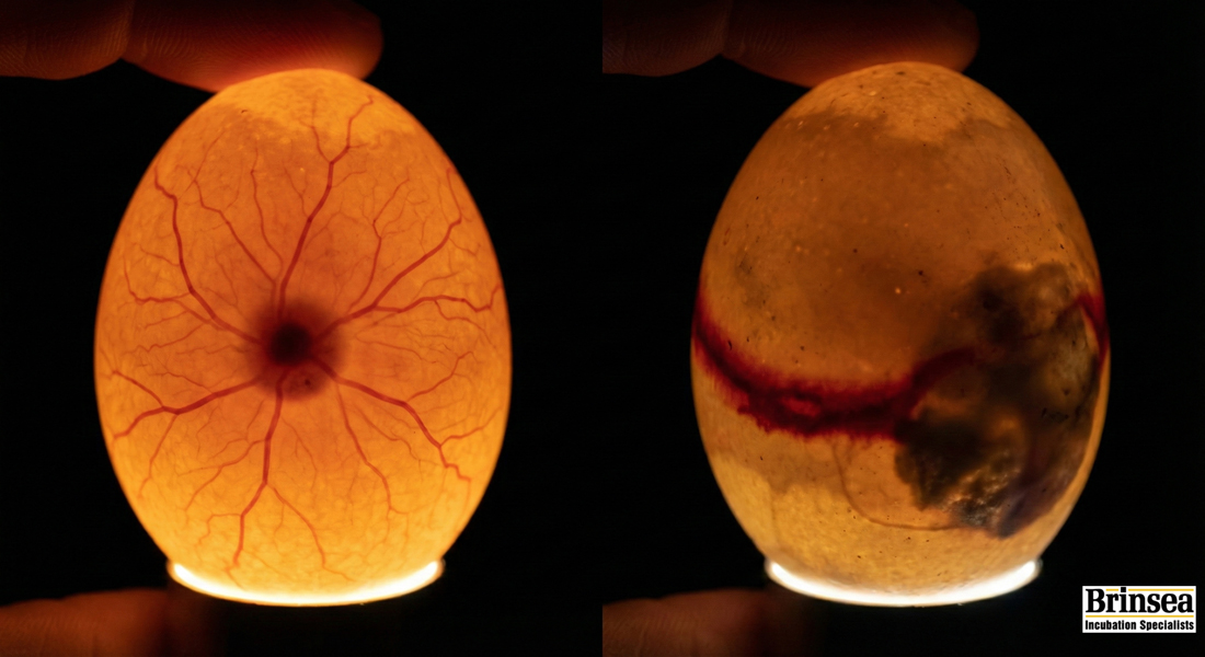 Candling comparison showing healthy veins vs a stuck embryo